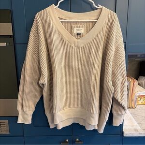 American Eagle Beige Cream Tan Waffle-Knit V-Neck Sweater Small S Oversized